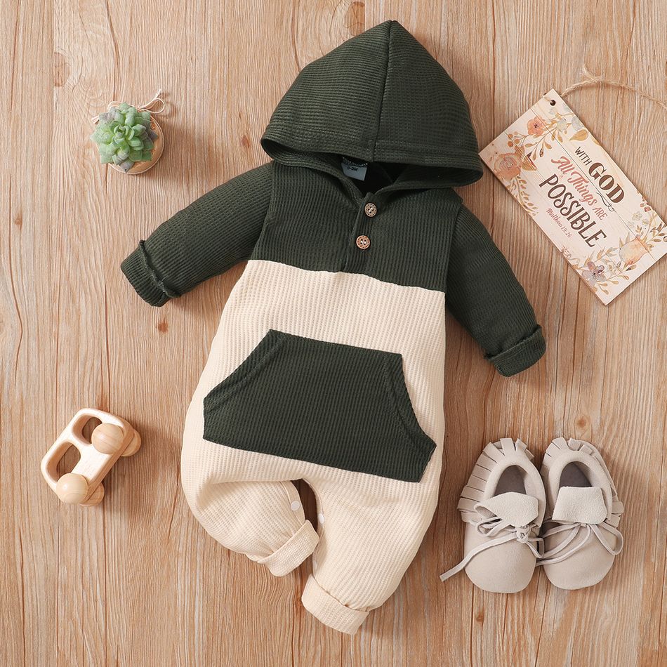 Waffle Colorblock Long-sleeve Hooded Baby Jumpsuit Army green big image 1