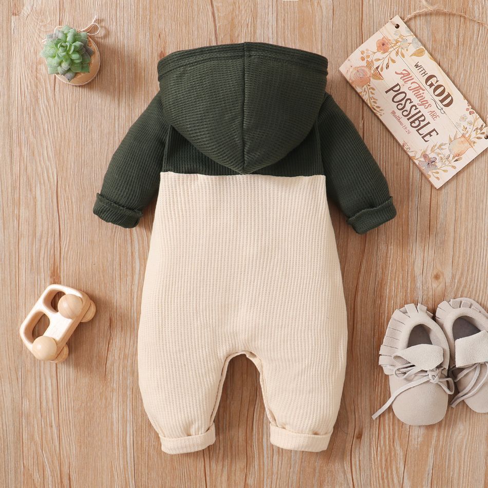 Waffle Colorblock Long-sleeve Hooded Baby Jumpsuit Army green big image 7