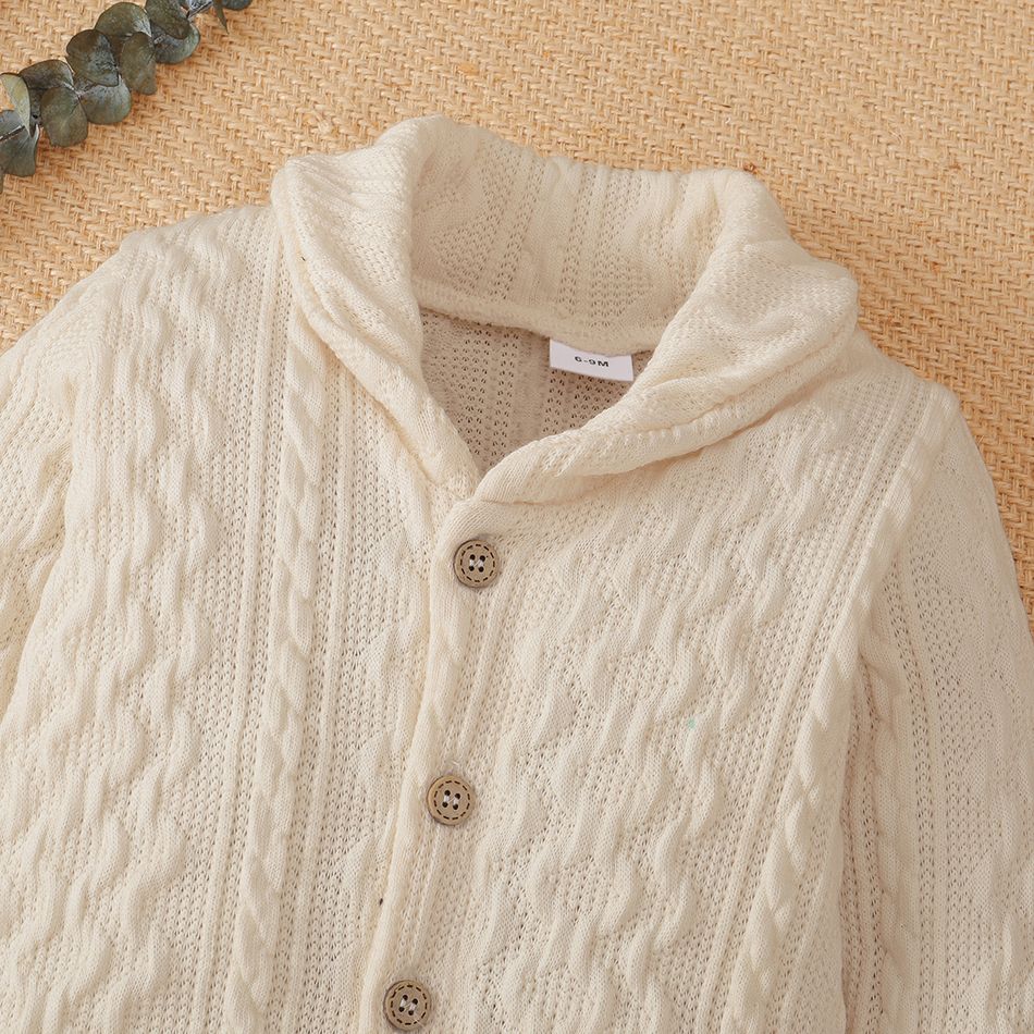 Solid Lapel Collar Button Down Long-sleeve Baby Knitted Sweater Jumpsuit Beige big image 3