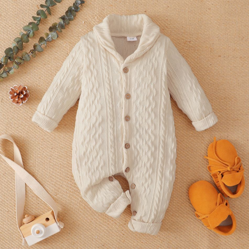 Solid Lapel Collar Button Down Long-sleeve Baby Knitted Sweater Jumpsuit Beige big image 1