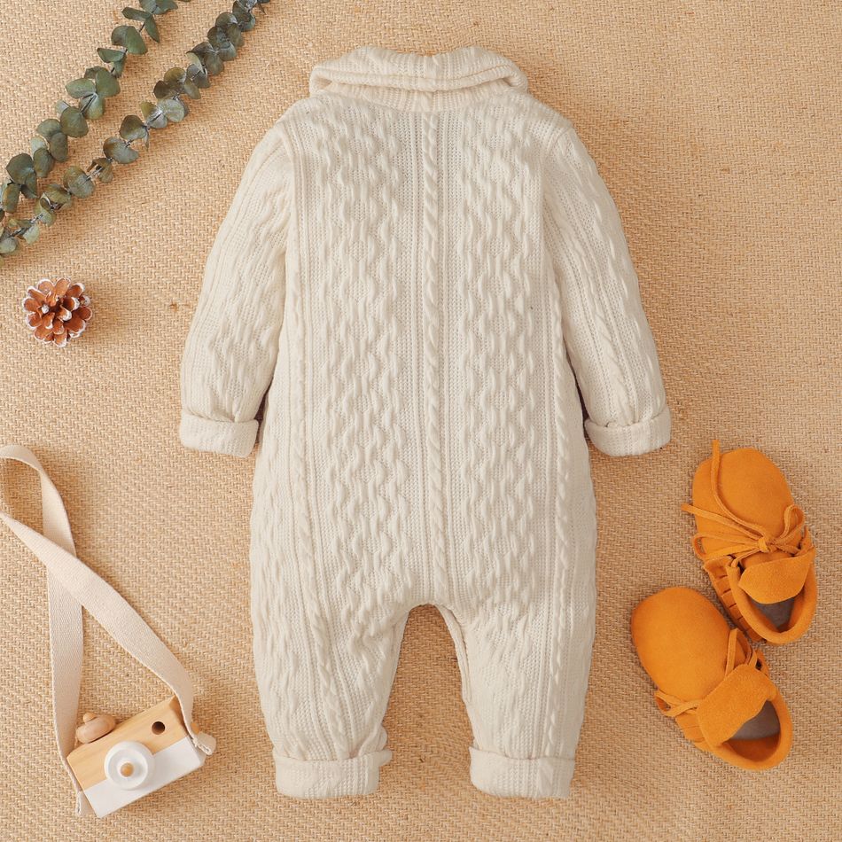 Solid Lapel Collar Button Down Long-sleeve Baby Knitted Sweater Jumpsuit Beige big image 6