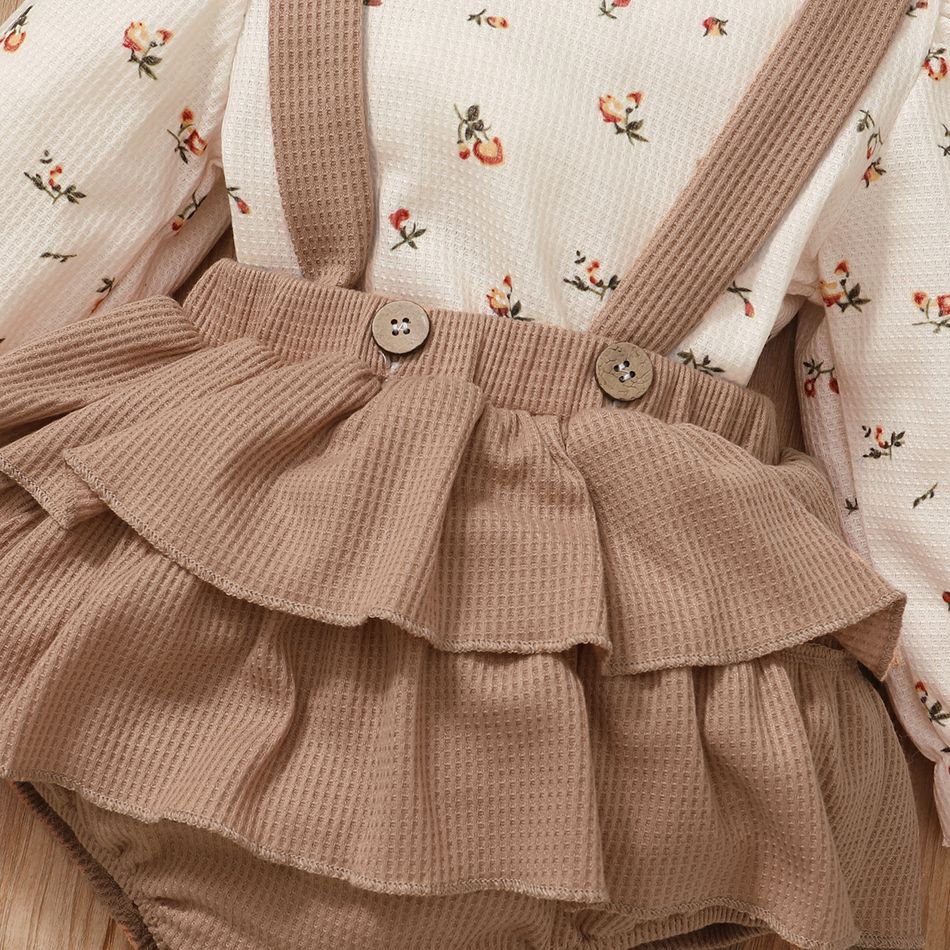 3pcs Baby Floral Print Long-sleeve Top and Ruffle Suspender Skirted Shorts Set Khaki big image 4