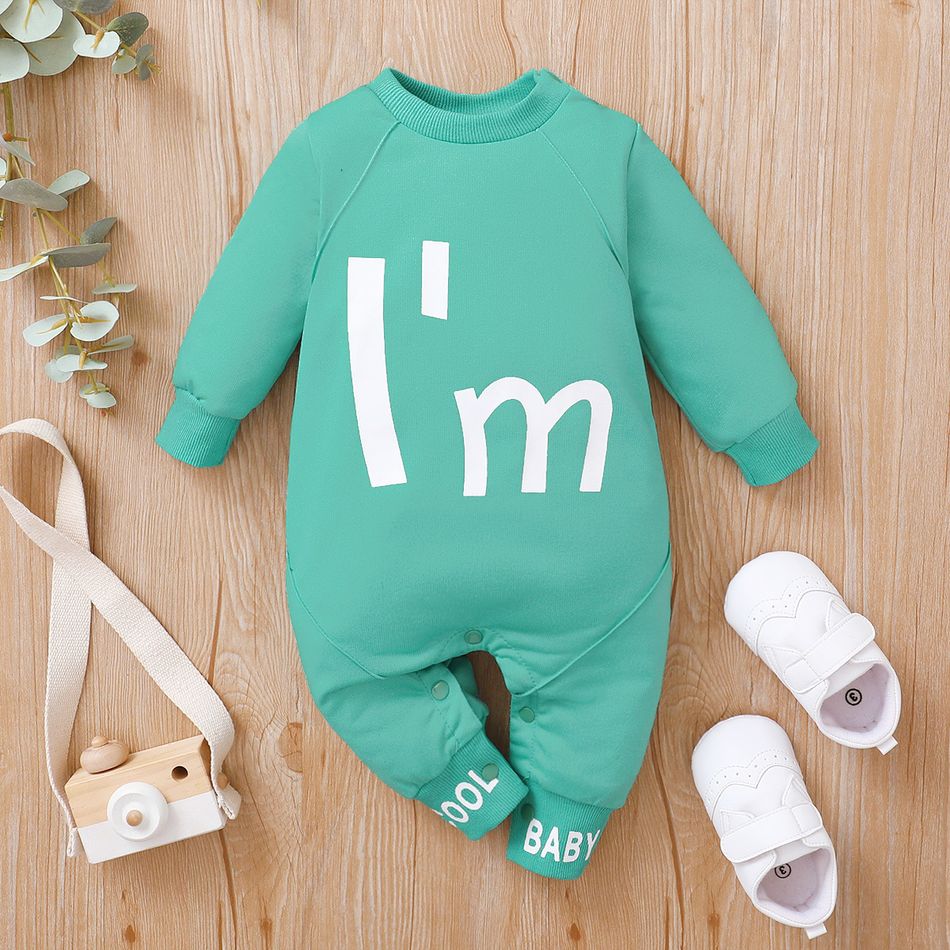 Baby Boy/Girl Letter Print Long-sleeve Snap-up Jumpsuit Green