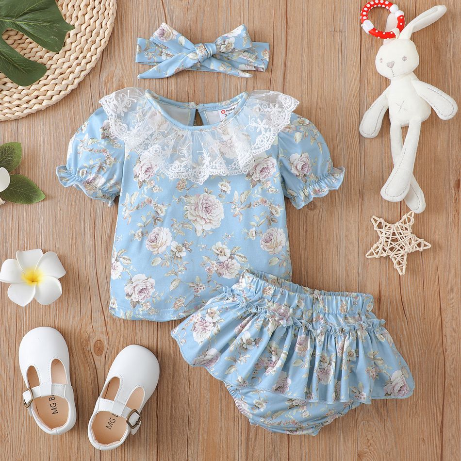 3pcs Baby Girl Allover Floral Print Blue Puff-sleeve Lace Top and Shorts with Headband Set Blue