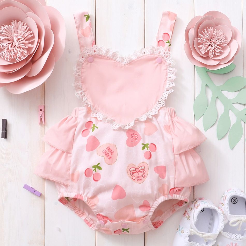 Summer Picnic Baby Girl 100% Cotton Cherry Print Lace and Ruffle Decor Sleeveless Pink Romper Pink