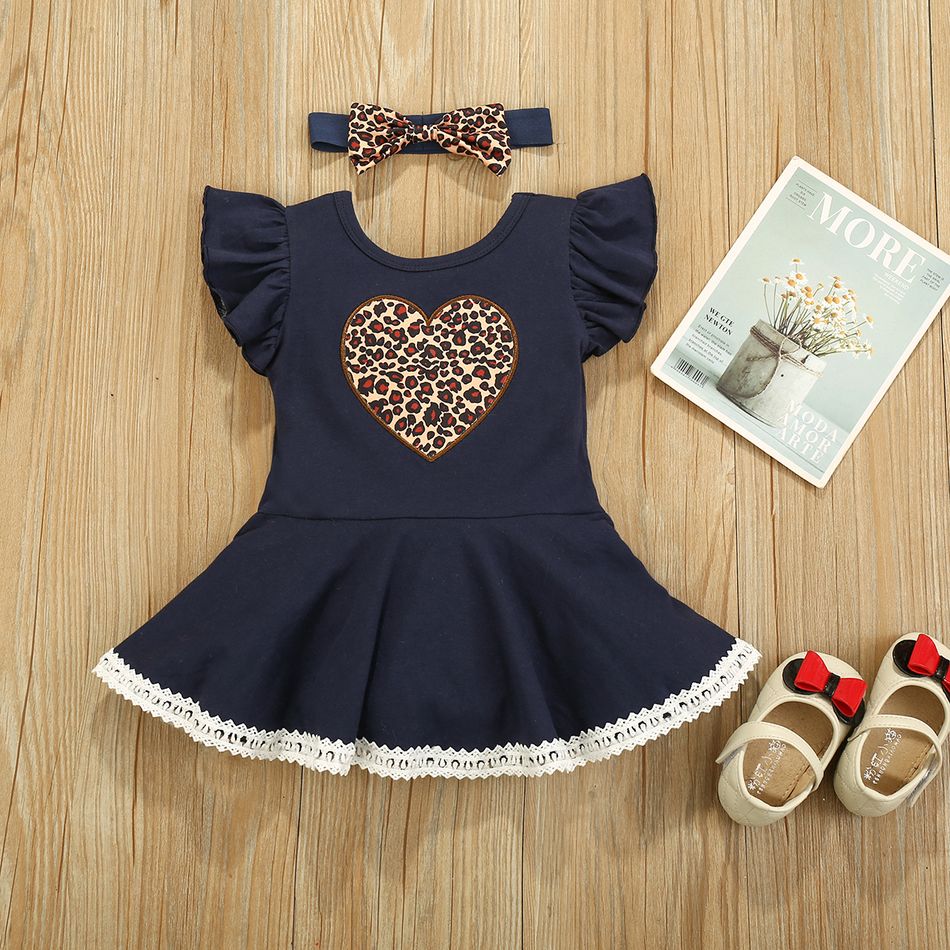 2pcs Leopard and Heart Print Lace and Ruffle Decor Flutter-sleeve Blue Baby Set Deep Blue