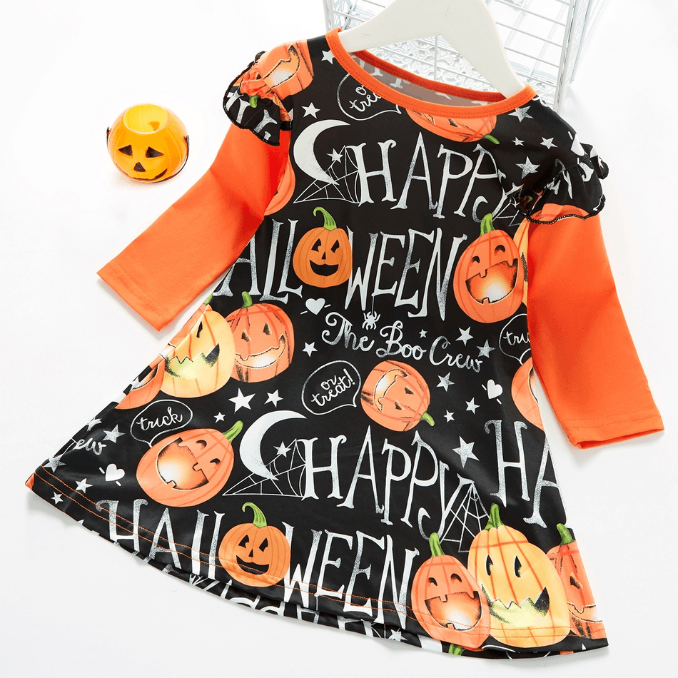 Toddler Girl Halloween Letter Pumpkin Stars Print Long-sleeve Dress Orange
