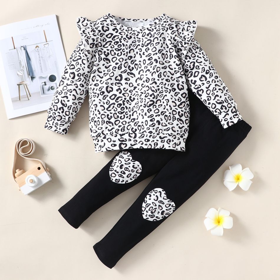 2-piece Toddler Girl Leopard Print Flutter Long-sleeve Top and Heart Pattern Pants Set Black