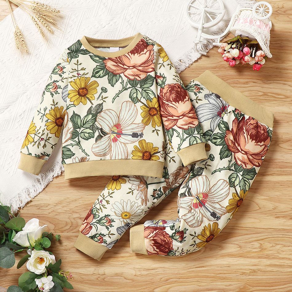 2-piece Toddler Girl Long-sleeve Floral Print Top and Pants Set Beige big image 1