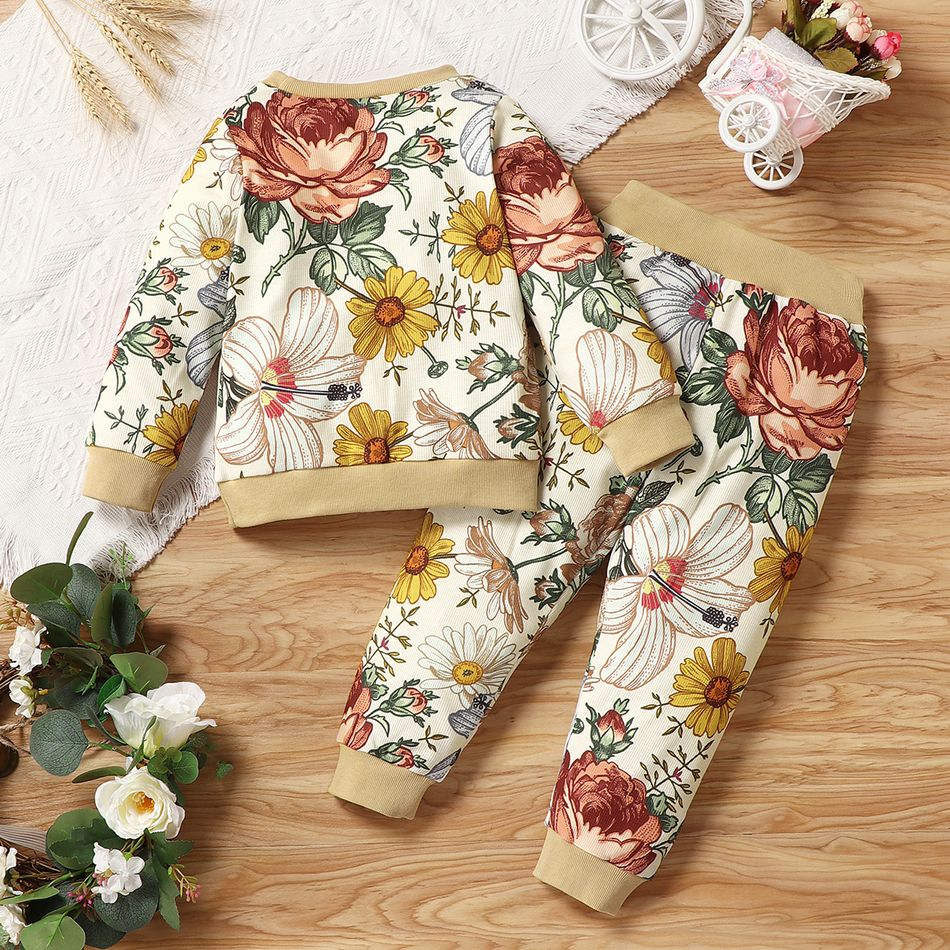 2-piece Toddler Girl Long-sleeve Floral Print Top and Pants Set Beige big image 2