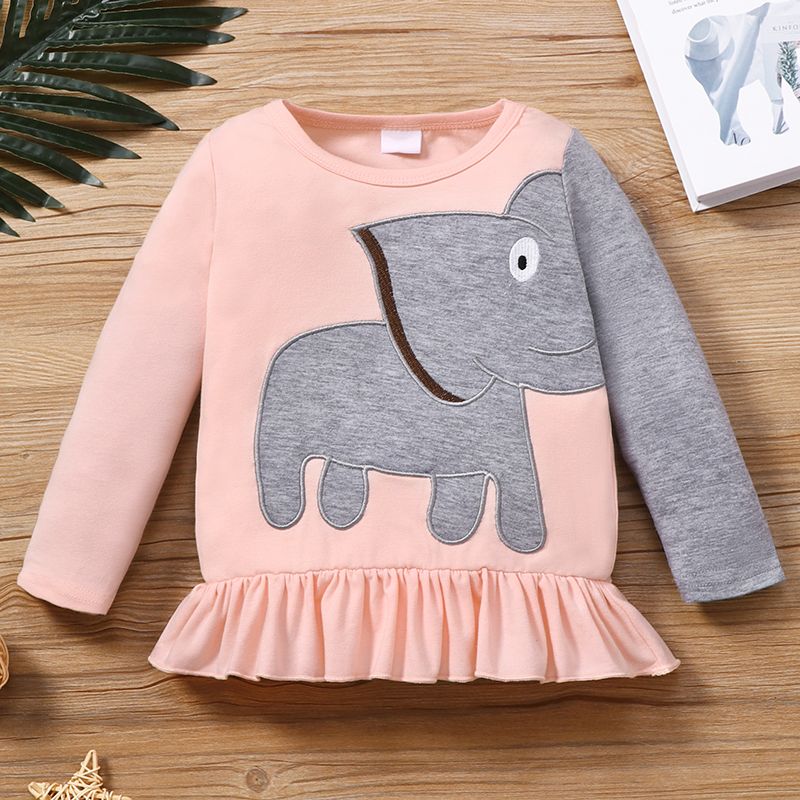 Toddler Girl Elephant Print Ruffle Hem Long-sleeve Tee Pink