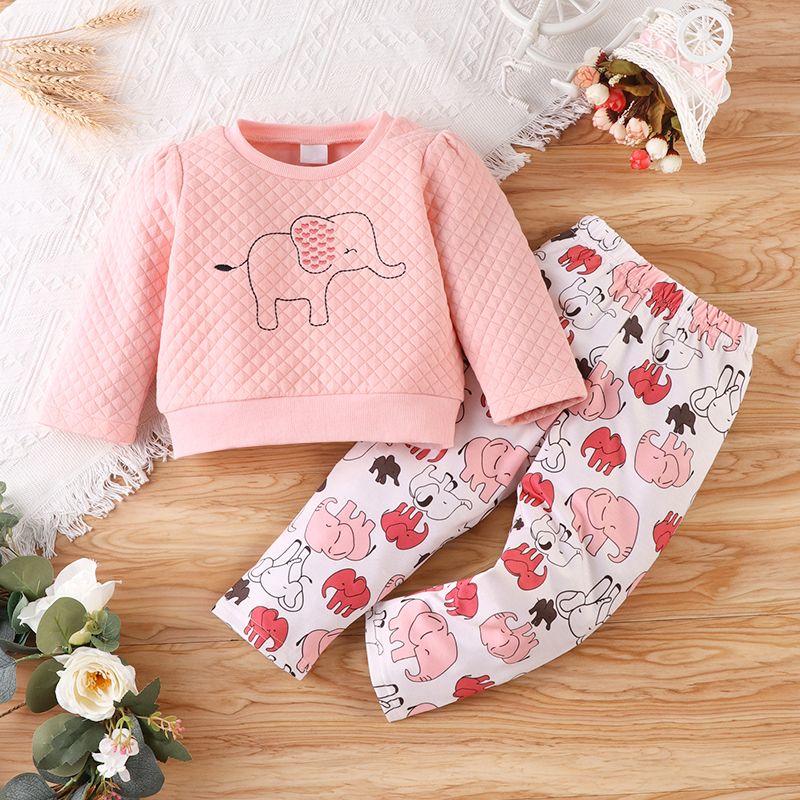 2-piece Toddler Girl Elephant Print Textured Sweatshirt and Pants Set Pink