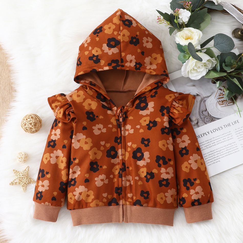 Toddler Girl Ruffled Floral Print Zipper Hooded Jacket Sweatshirt Brown