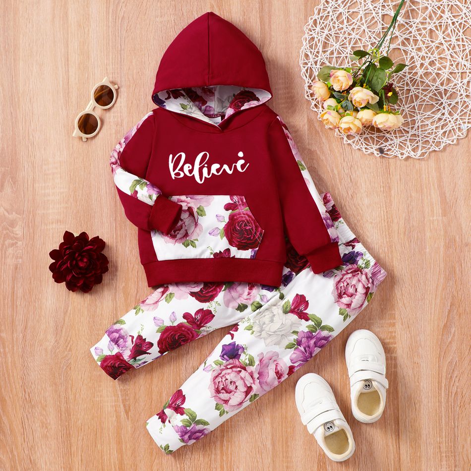 2-piece Toddler Girl Floral Letter Print Red Hoodie Sweatshirt and Elasticized Pants Set Red