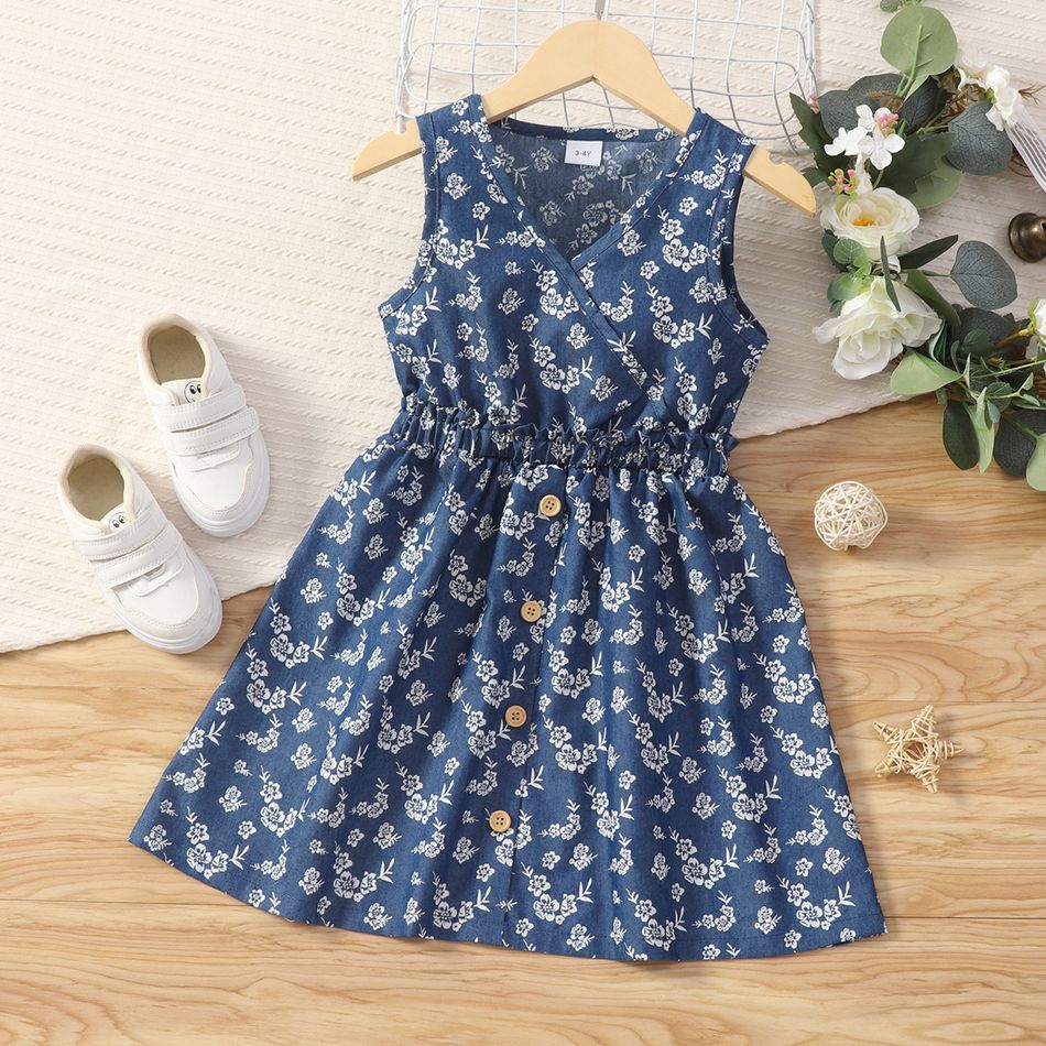 Toddler Girl Floral Print Surplice Neck Sleeveless Blue Denim Dress Blue