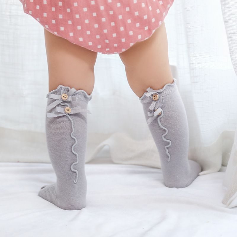 Baby / Toddler Solid Ruffled Bowknot Decor Stockings  Grey
