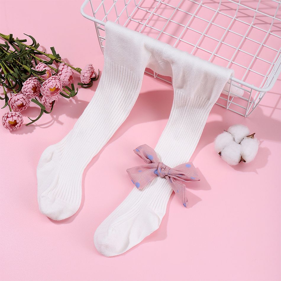 meia-calça com nervuras com nervuras de cor sólida para bebê / criança com decoração de arco de bolinhas para meninas Branco big image 2