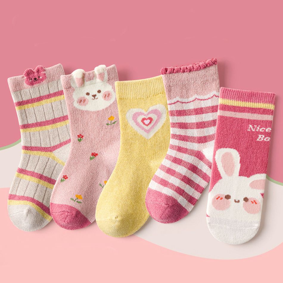 5-pairs Baby / Toddler Cartoon Bunny Pattern Crew Socks Set Pink big image 1