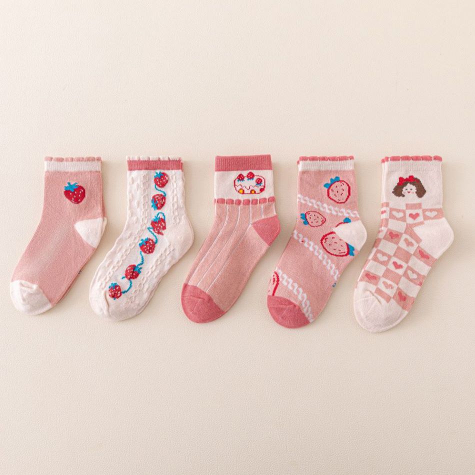 5-pairs Baby / Toddler Strawberry Pattern Crew Socks Pink big image 4