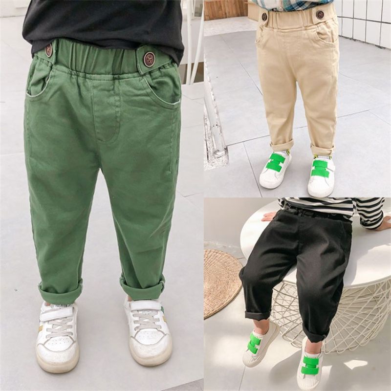 Toddler Girl/Boy Button Design Solid Casual Pants Khaki big image 3