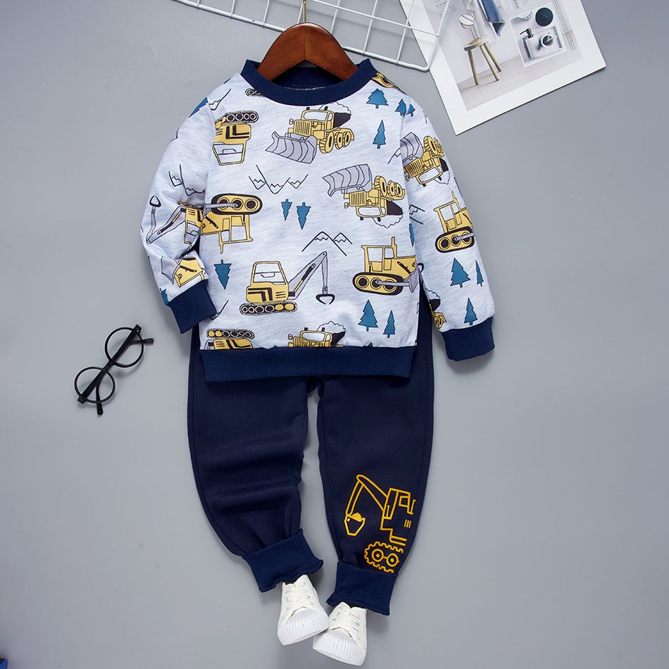 2-piece Toddler Boy Vehicle Print Pullover Sweatshirt and Pants Set Navy