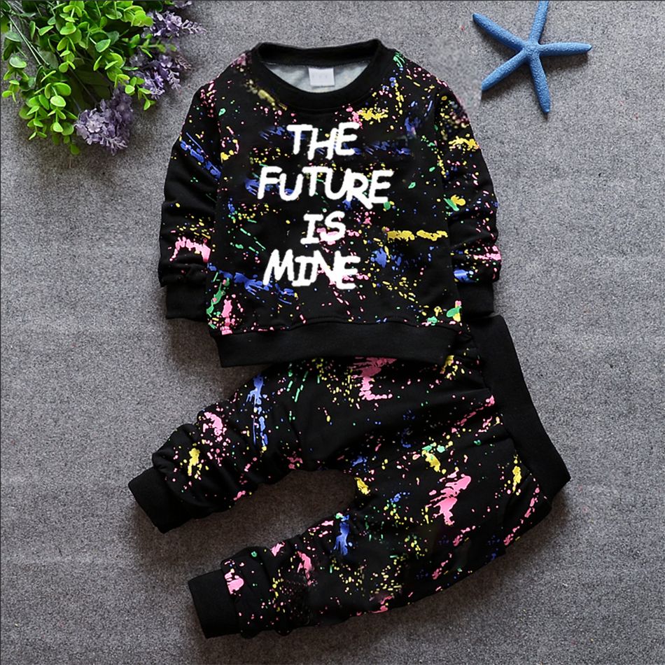 2-piece Toddler Boy Letter Painting Print Pullover and Pants Set Color block