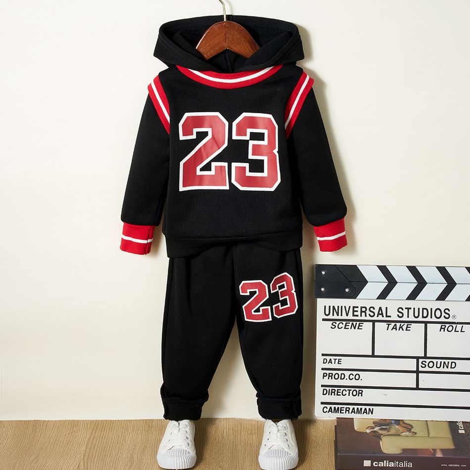 2-piece Toddler Boy Number Print Striped Hoodie Sweatshirt and Pants Casual Set Black