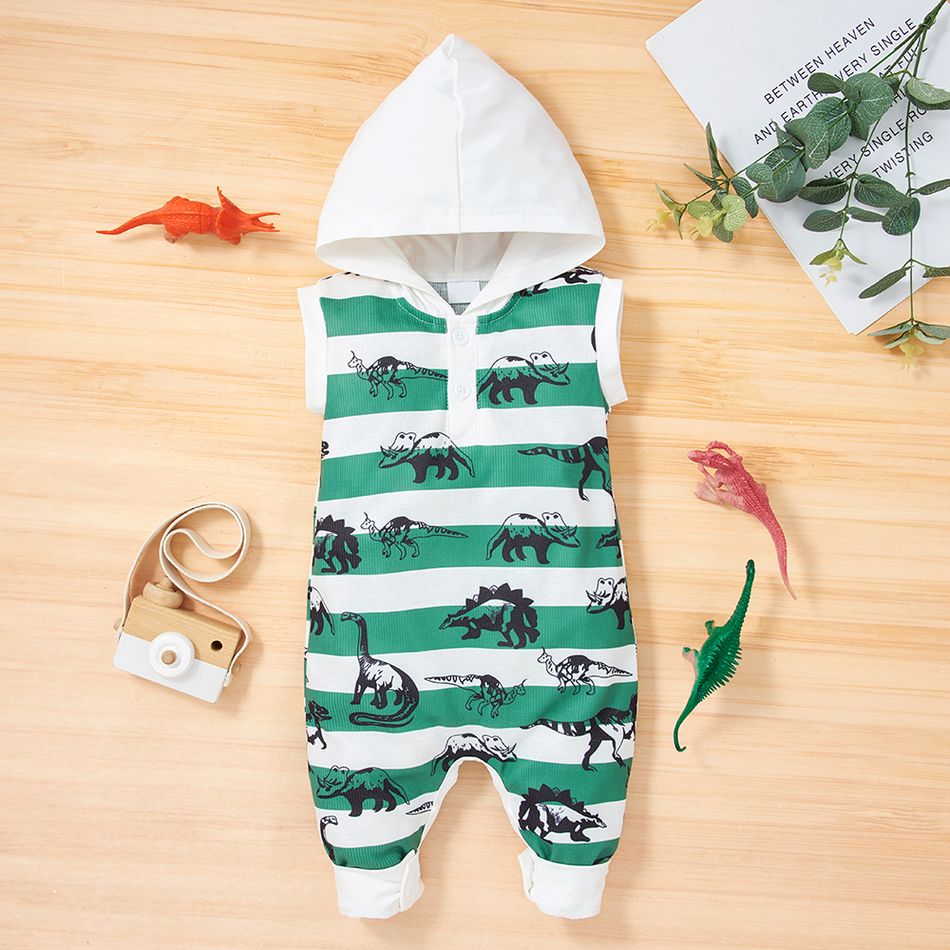 Baby Boy All Over Dinosaur Print Striped Sleeveless Hooded Jumpsuit White