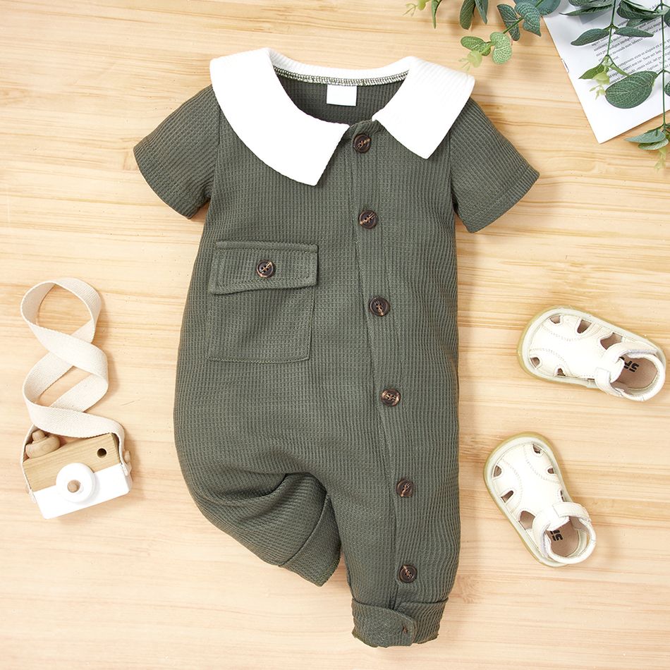 Baby Boy Contrast Collar Button Up Waffle Short-sleeve Jumpsuit Green