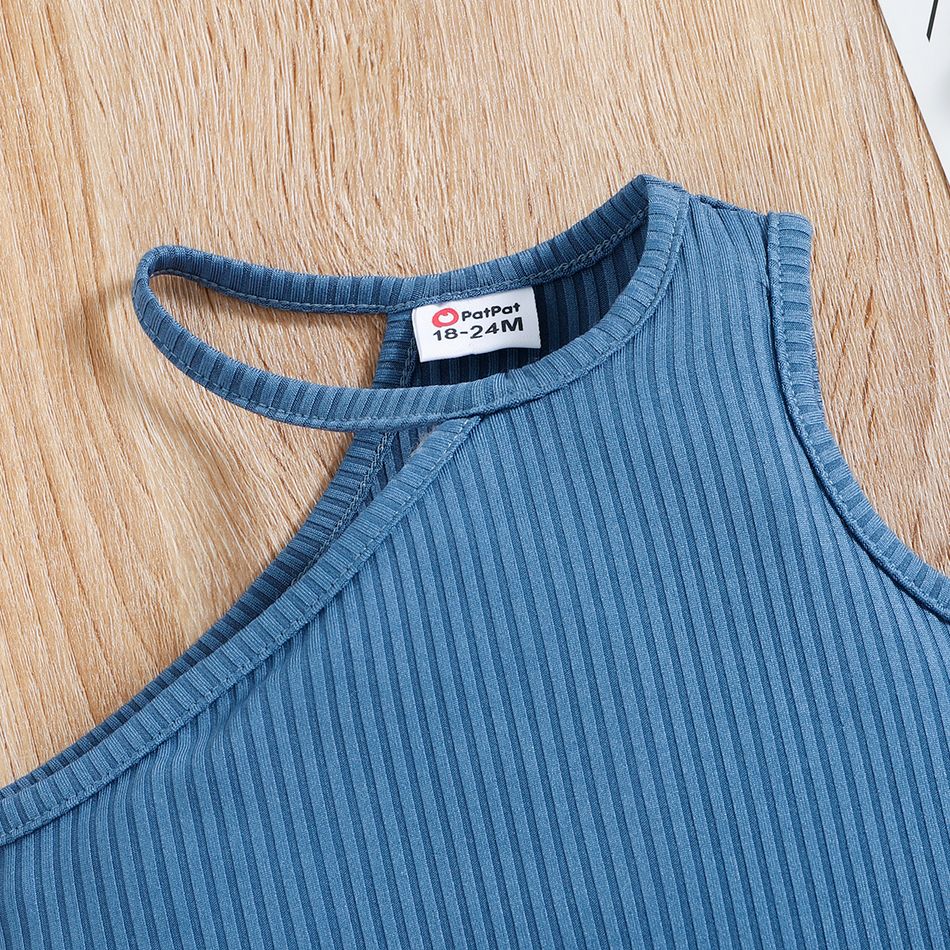2pcs Toddler Girl One Shoulder Ribbed Blue Tank Top and Ruffled Belted Shorts Set Blue big image 2