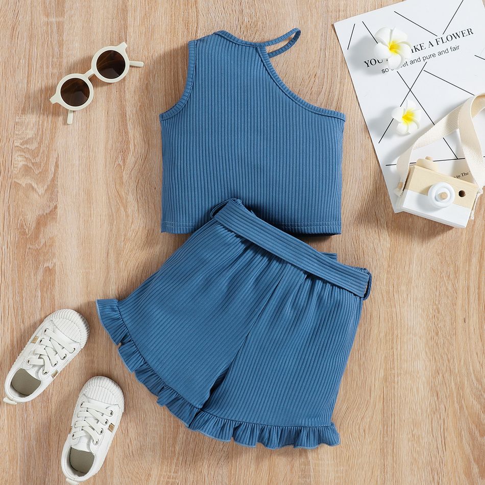2pcs Toddler Girl One Shoulder Ribbed Blue Tank Top and Ruffled Belted Shorts Set Blue big image 8