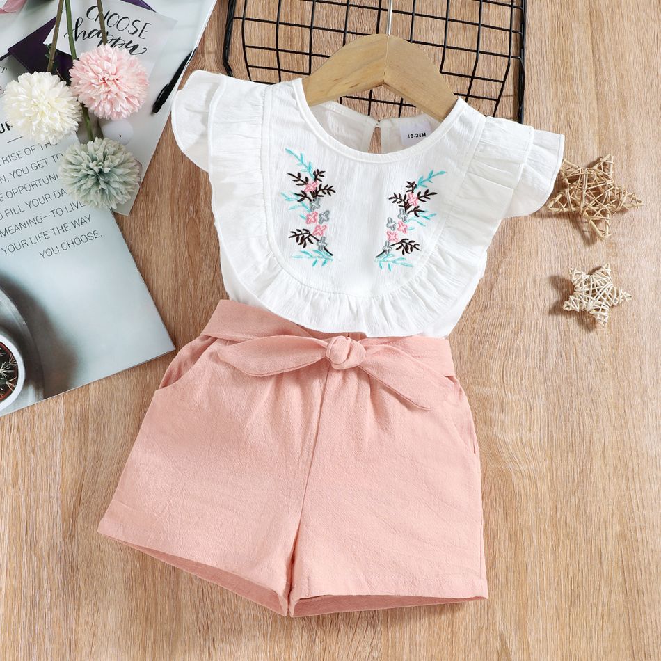 2-piece Baby / Toddler Girl Pretty Floral Embroidery Top and Solid Shorts Sets Pink