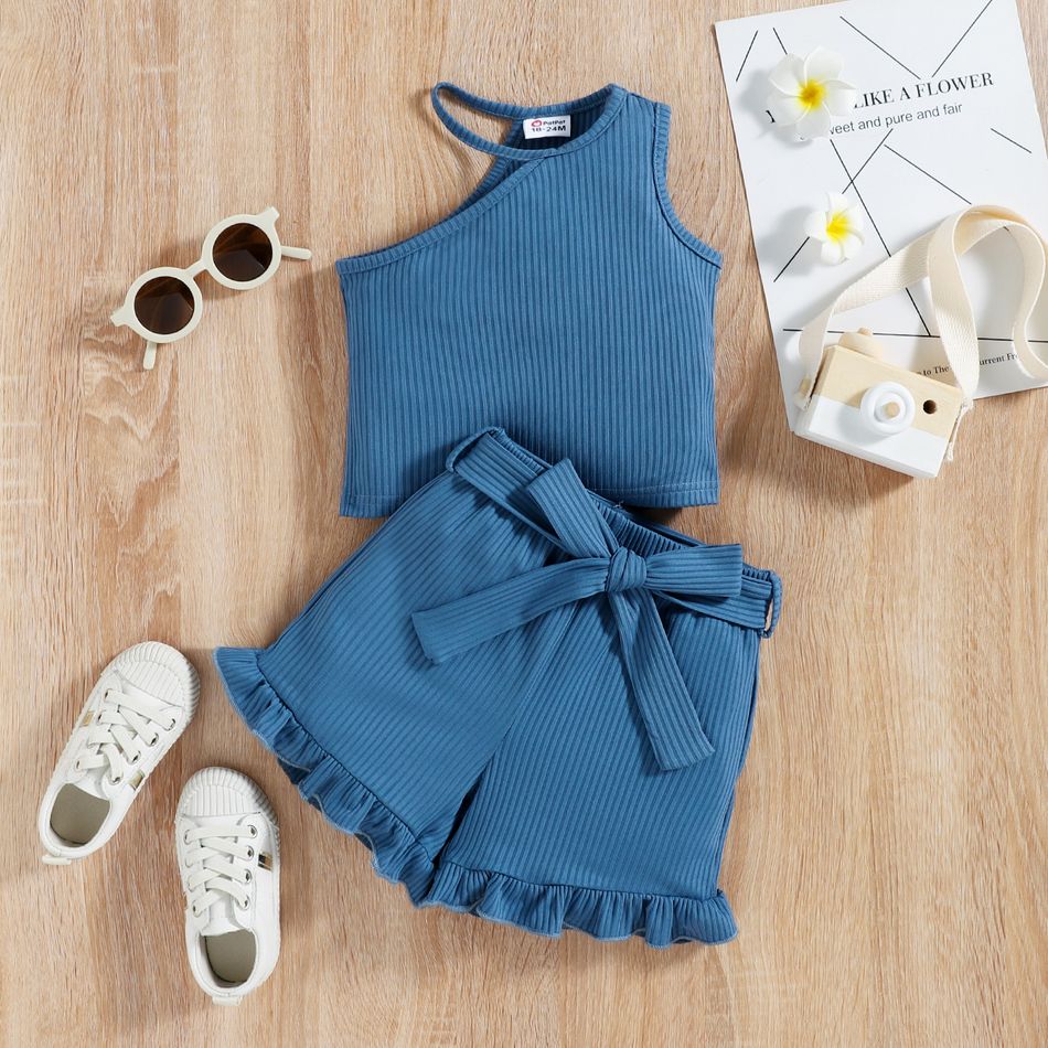 2pcs Baby Girl Blue Rib Knit Halter Neck One Shoulder Tank Top and Belted Ruffle Trim Shorts Set Blue big image 1