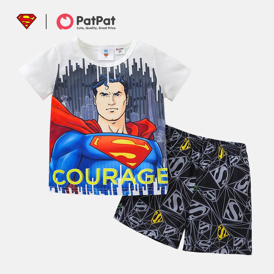 Superman 2pcs Toddler Boy Letter Figure Print Short-sleeve Tee and Allover Print Shorts Set White