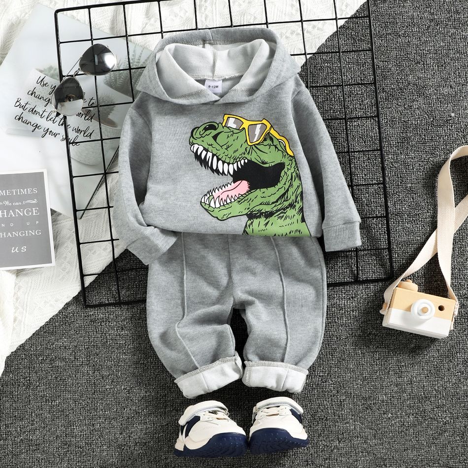 2pcs Baby Boy Cartoon Dinosaur Print Grey Long-sleeve Hoodie and Sweatpants Set MiddleAsh big image 1