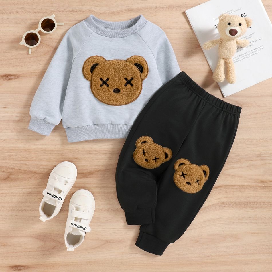 2pcs Toddler Boy Bear Terry Patch Embroidered Raglan Sleeve Pullover Sweatshirt and Pants Set Grey