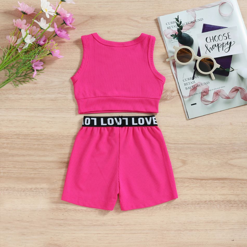 2pcs Baby Girl Solid Rib Knit Tank Crop Top and Letter Detail Shorts Set Rosy big image 7
