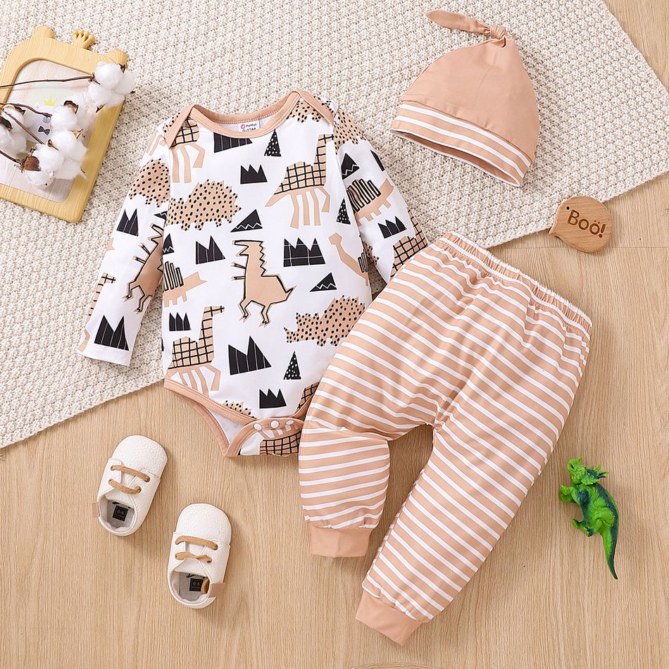 3pcs Baby Boy Allover Dinosaur Print Long-sleeve Romper and Striped Pants with Hat Set Apricot big image 1
