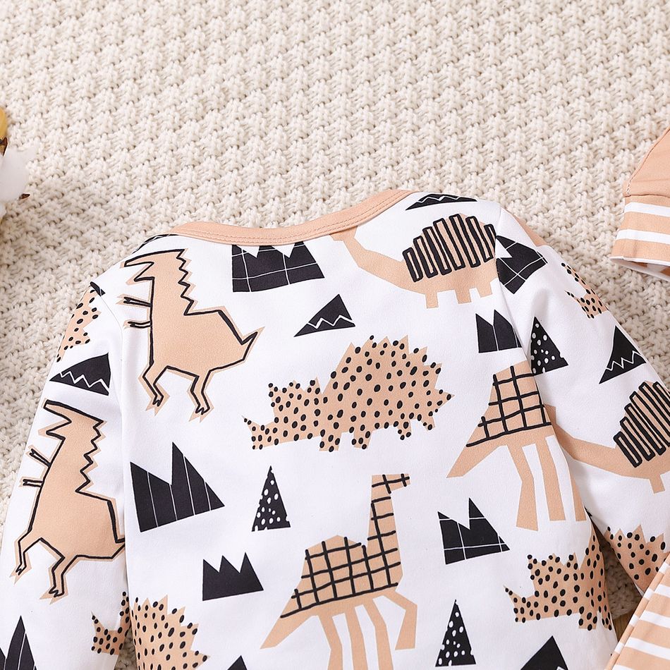 3pcs Baby Boy Allover Dinosaur Print Long-sleeve Romper and Striped Pants with Hat Set Apricot big image 7