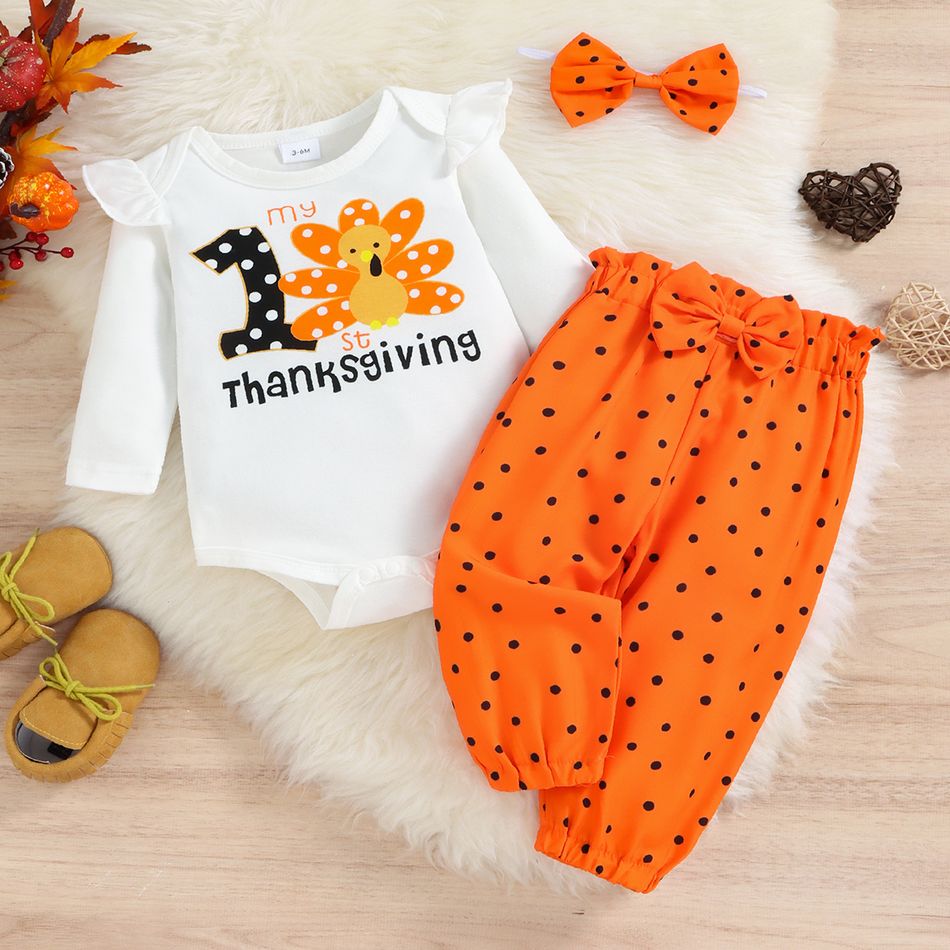 Thanksgiving Day 3pcs Baby Girl Turkey & Letter Print Ruffle Long-sleeve Romper and Polka Dot Pants with Headband Set Orange big image 3