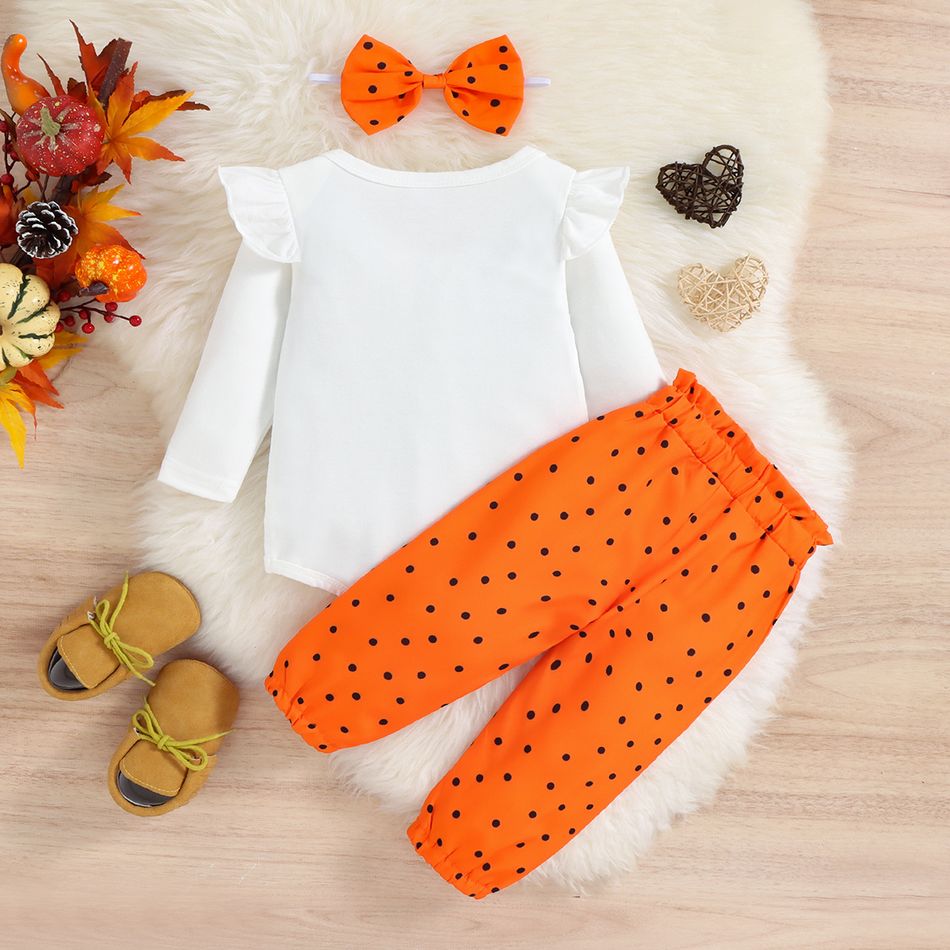 Thanksgiving Day 3pcs Baby Girl Turkey & Letter Print Ruffle Long-sleeve Romper and Polka Dot Pants with Headband Set Orange big image 2
