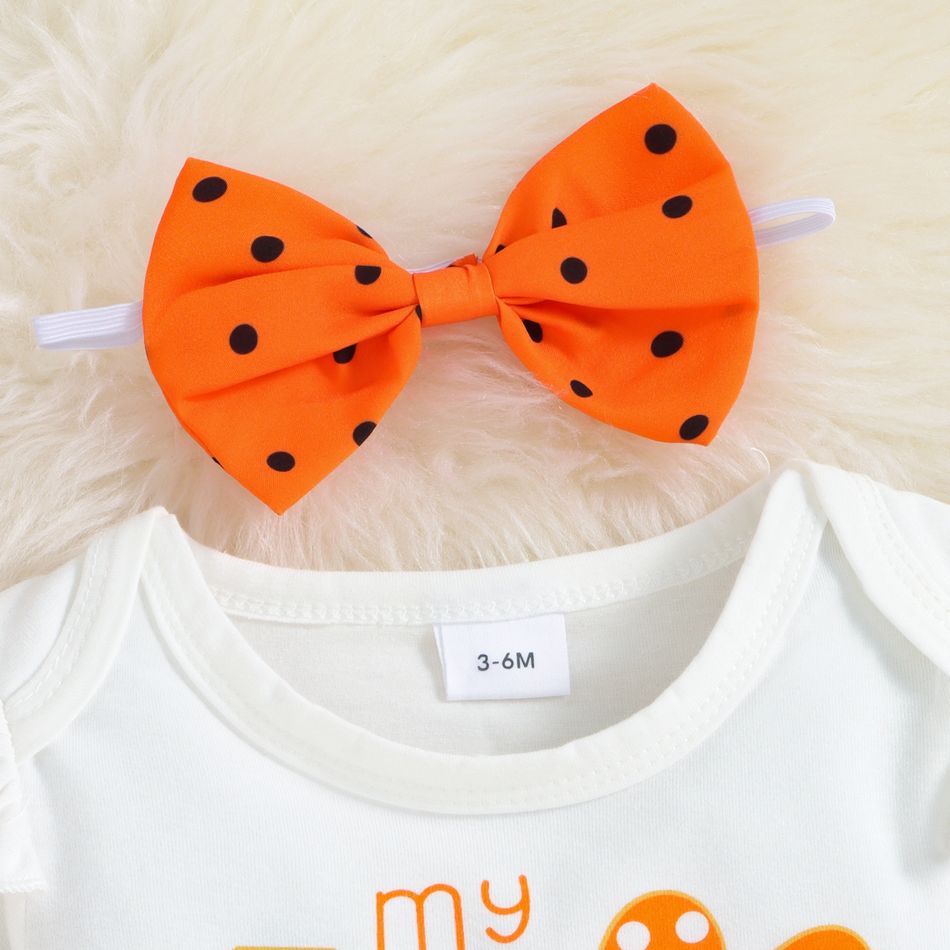 Thanksgiving Day 3pcs Baby Girl Turkey & Letter Print Ruffle Long-sleeve Romper and Polka Dot Pants with Headband Set Orange big image 4