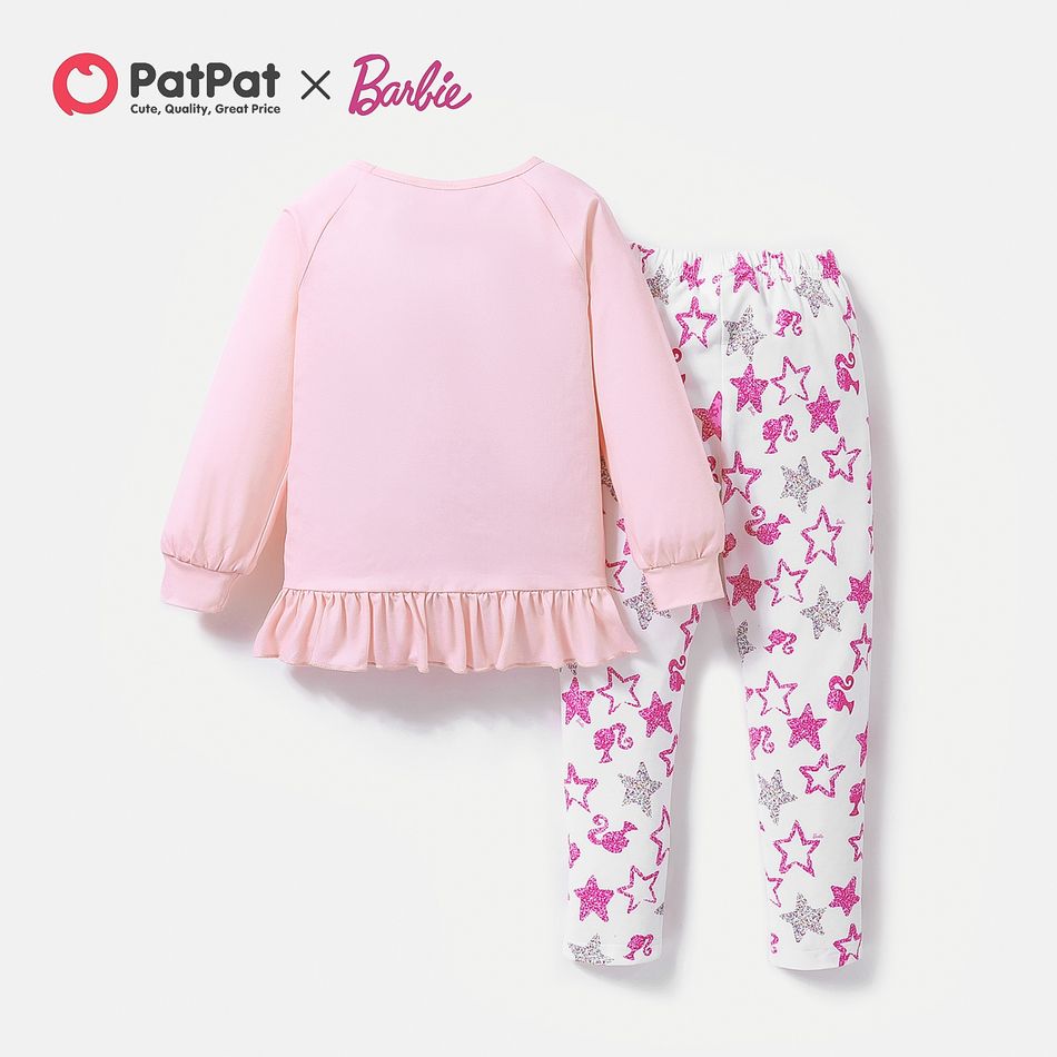Barbie 2pcs Toddler Girl Ruffle Hem Long-sleeve Tee and Star Print Leggings Set Pink big image 4