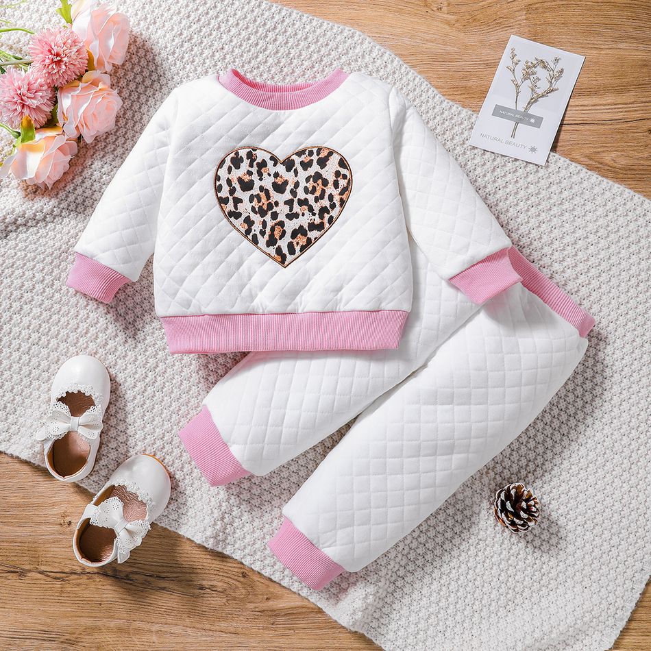 2pcs Baby Girl Leopard Heart Embroidered Long-sleeve Quilted Set White big image 1