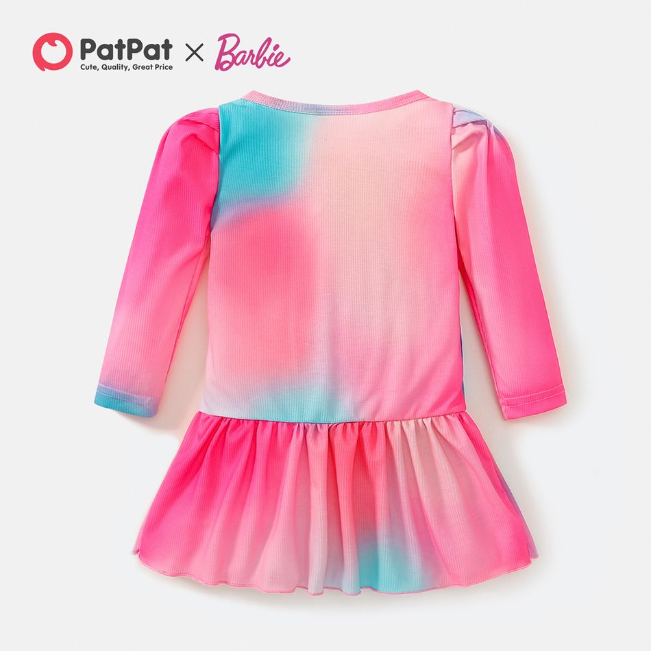 Barbie Toddler Girl Tie Dyed Long Puff-sleeve Pink Dress/ otton Elasticized Leggings Pink big image 5
