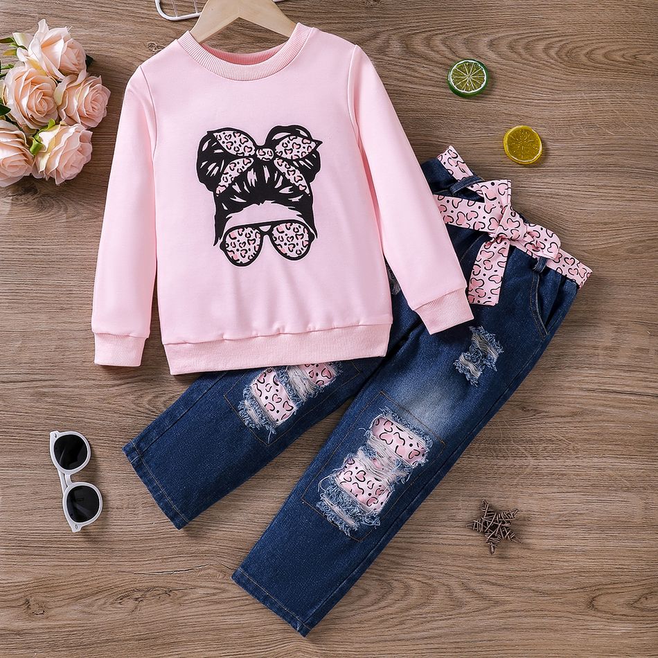 2pcs Toddler Girl Trendy Patchwork Ripped Denim Jeans and Figure Print Sweatshirt Set Pink big image 1