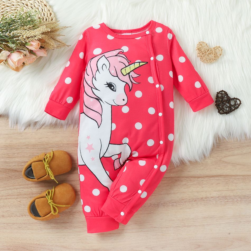 Baby Girl Unicorn Print Polka Dot Long-sleeve Button Jumpsuit Pink big image 3