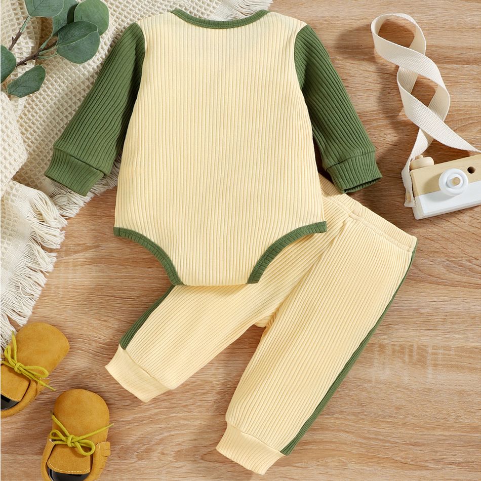 2pcs Baby Boy Cotton Ribbed Colorblock Long-sleeve Romper & Pants Set Apricot big image 2