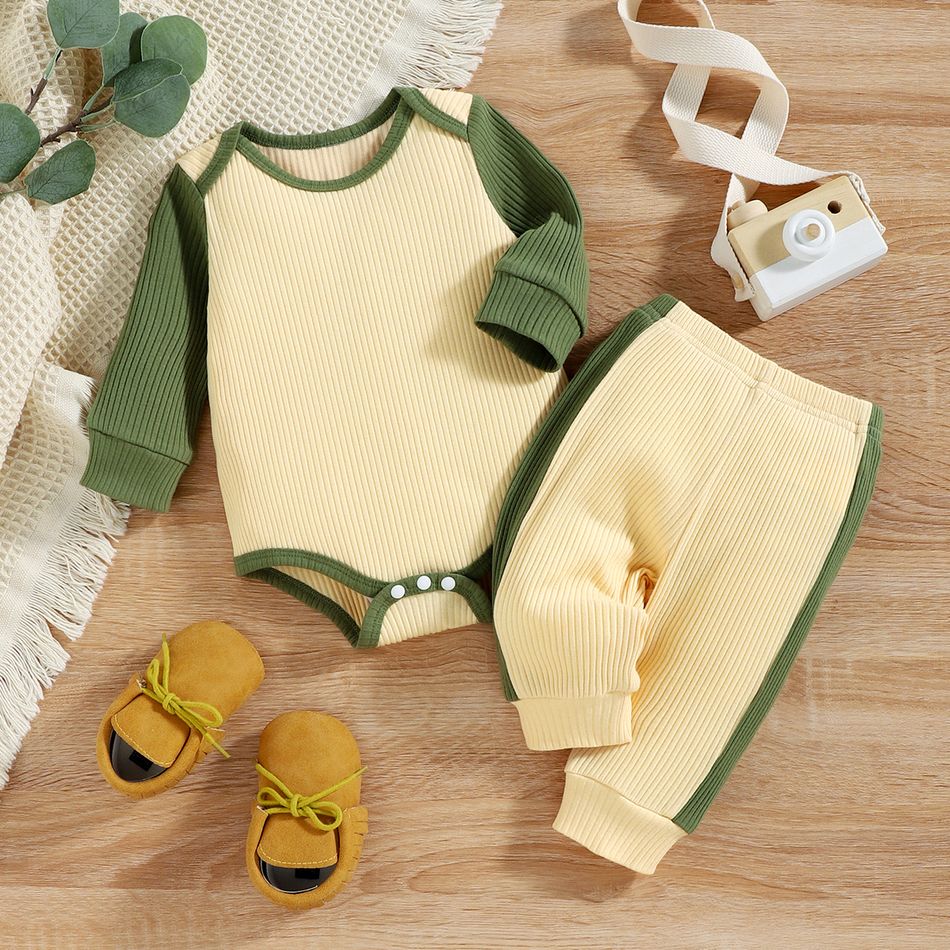 2pcs Baby Boy Cotton Ribbed Colorblock Long-sleeve Romper & Pants Set Apricot