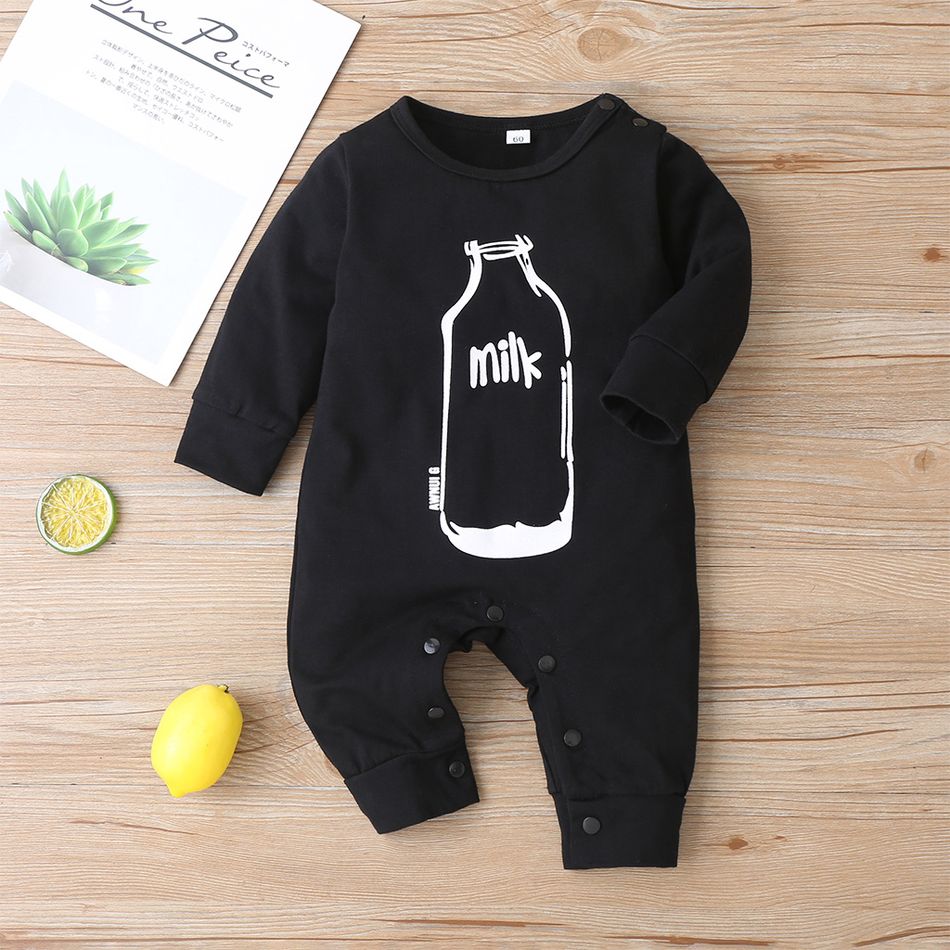 Bottle Milk Print Long-sleeve Black Baby Jumpsuit Black big image 1